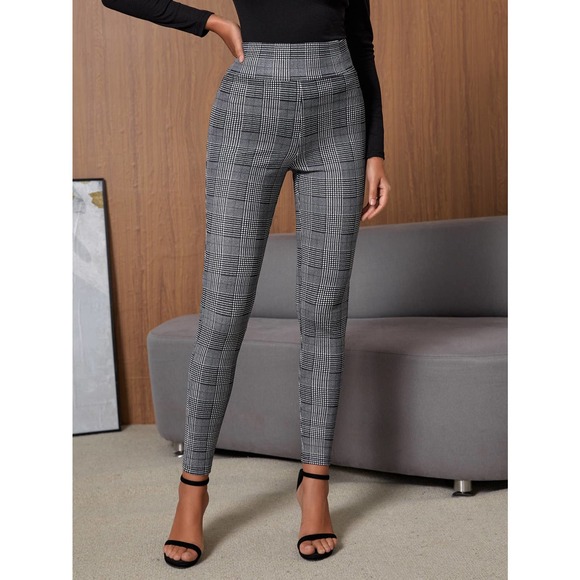 High Waist Houndstooth plaid print Skinny Pants gray black - Picture 1 of 9